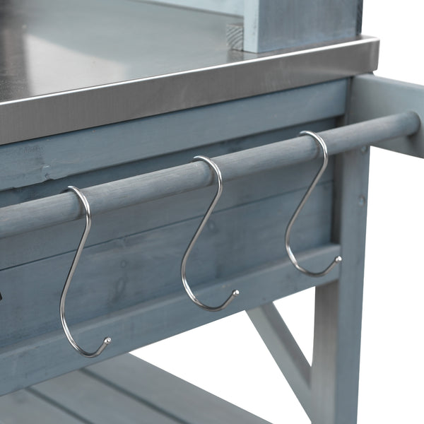 English Elm K&K 64.9" Outdoor Potting Bench with 1.2" Stainless Steel Top, Lockable Wheels, Hutch & Drawers Grey+Blue N707P228274G