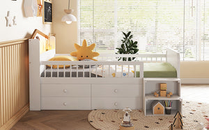 English Elm Low Twin Loft Bed with House-Style Headboard and Built-In LED Lights for Modern Kids' Rooms White 42.91 L x 28.35 W x 6.69 H W2593S00006