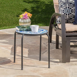 Christopher Knight Home® - Noble House - Skye Outdoor Blue and White Ceramic Tile Side Table with Iron Frame