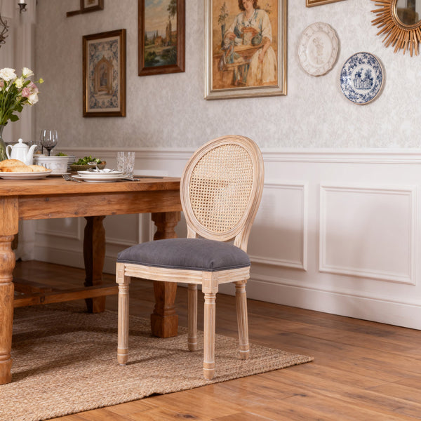 English Elm Dining Chairs Set of 2 Grey French Country Rattan Upholstered Round Back Solid Wood Legs, Cozy Classic Elegance for Dining Room, Kitchen, Living (Grey) W3426P397368