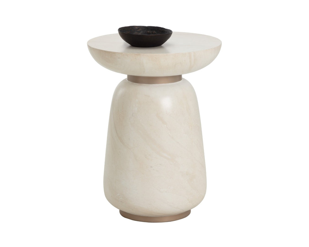 Sunpan HALI End Table - Stylish Concrete Design with Antique Brass Finish & Natural Travertine Aesthetics 112221
