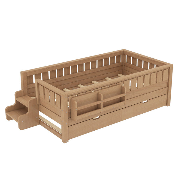 English Elm Twin Kids Platform Bed with Trundle Staircase Bookshelf and Rounded Safety Rails Natural W1580S00558
