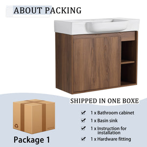 English Elm 28'' 28" Wall-Mounted Bathroom Vanity with White Ceramic Sink, Soft-Close Door, Open Shelves, KD-Pack W999P263409