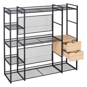 English Elm Open-Style Wardrobe Storage System with Heavy-Duty Metal Frame, Rails, Shelves & Drawers - Sleek Durable Design for Organized Living Black SF000087AAB