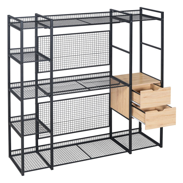 English Elm Open-Style Wardrobe Storage System with Heavy-Duty Metal Frame, Rails, Shelves & Drawers - Sleek Durable Design for Organized Living Black SF000087AAB