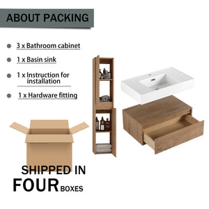 English Elm 30 Inch Wall-Mounted Bathroom Vanity Set With Resin Sink, Soft-Close Drawers & Storage Cabinets W999S00268