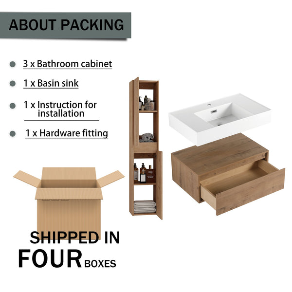 English Elm 30 Inch Wall-Mounted Bathroom Vanity Set With Resin Sink, Soft-Close Drawers & Storage Cabinets W999S00268