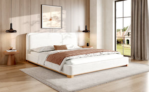 English Elm Christopher Knight Home® - King Size Bed Frame – Elegant Boucle Upholstered Headboard, Solid Wood Base, Easy Assembly, White Finish N757K327027W