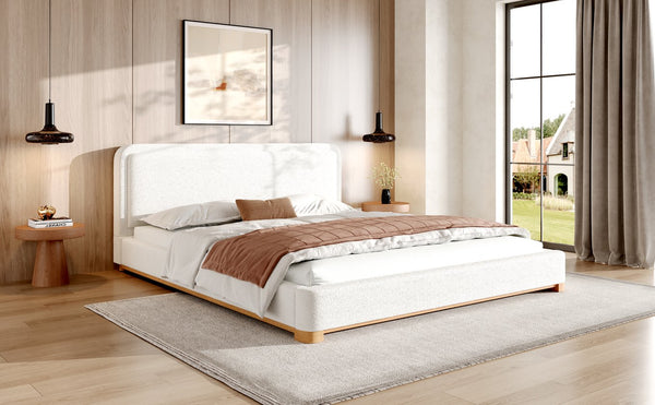 English Elm Christopher Knight Home® - King Size Bed Frame – Elegant Boucle Upholstered Headboard, Solid Wood Base, Easy Assembly, White Finish N757K327027W