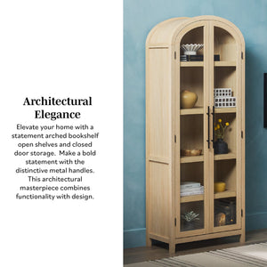 English Elm Walker Edison - Modern 5 Shelf Arched Tall Bookcase with Tempered Glass Doors, MDF Durability, Sleek Metal Handles, Showcase Pieces in Living and Office Spaces Oak 72.31 L x 19.01 W x 15 H B185S00025