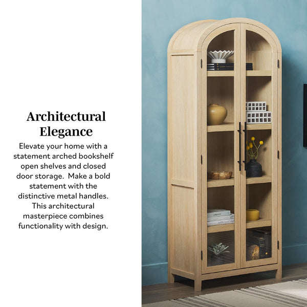 English Elm Walker Edison - Modern 5 Shelf Arched Tall Bookcase with Tempered Glass Doors, MDF Durability, Sleek Metal Handles, Showcase Pieces in Living and Office Spaces Oak 72.31 L x 19.01 W x 15 H B185S00025