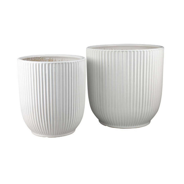 English Elm Lyna Glazed White Ceramic Planter Duo Ribbed Texture Bulbous Vessels for Any Room B056P412619