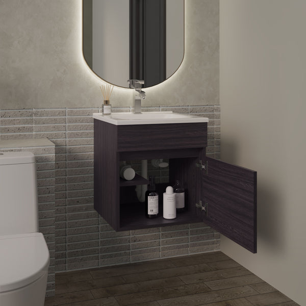 English Elm Primavera 18" Floating Bathroom Vanity Wall-Mounted Black Wengue, Dual-Door Cabinet & Shelves B200P335307