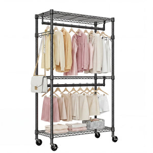 English Elm Heavy Duty Carbon Steel Rolling Garment Rack with Wire Shelving Dual Rods and Side Hooks Black W5386P480840