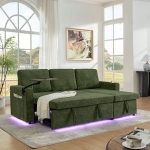 English Elm Modern Chenille Sofa Bed With Retractable Table, Led Lights, Usb Ports & Cup Holders – Green Comfort W1413S00097