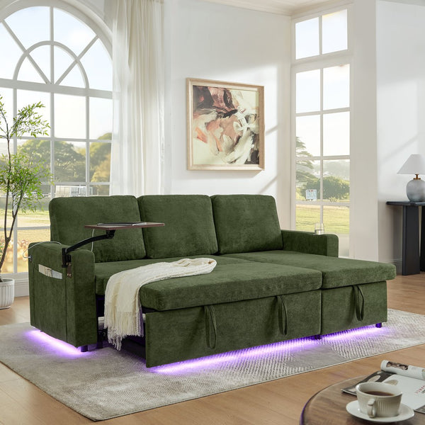 English Elm Modern Chenille Sofa Bed With Retractable Table, Led Lights, Usb Ports & Cup Holders – Green Comfort W1413S00097