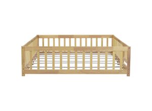 English Elm Queen Floor Bed with Safety Fence and Guardrails, Rubberwood Low Profile Platform for Kids Natural W504P286389