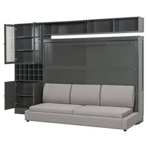 English Elm Queen Murphy Wall Bed Sofa with Open Shelving Usb Charging and Integrated Studio Lighting Gray LP100764AAE