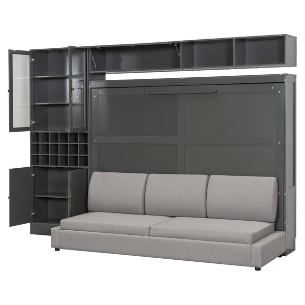 English Elm Queen Murphy Wall Bed Sofa with Open Shelving Usb Charging and Integrated Studio Lighting Gray LP100764AAE