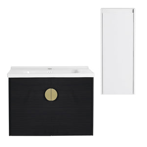 English Elm 28" Wall-Mounted Bathroom Vanity With Ceramic Sink & Side Cabinet – Space-Saving, Soft-Close Doors! W999S00327
