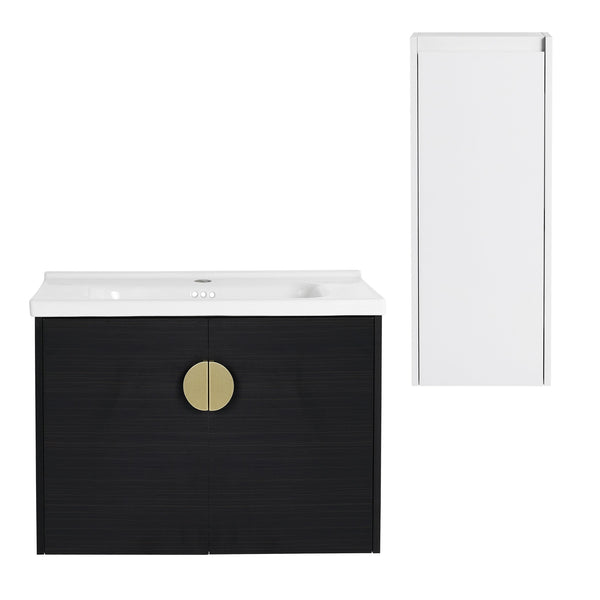 English Elm 28" Wall-Mounted Bathroom Vanity With Ceramic Sink & Side Cabinet – Space-Saving, Soft-Close Doors! W999S00327