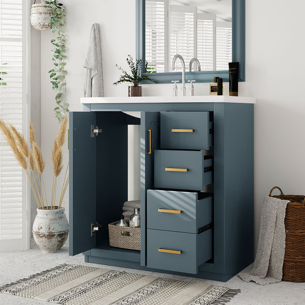 English Elm 30'' Bathroom Vanity With Ceramic Sink Combo - Stylish Freestanding Cabinet, Soft Close Drawers & Retro Charm N710P191947C