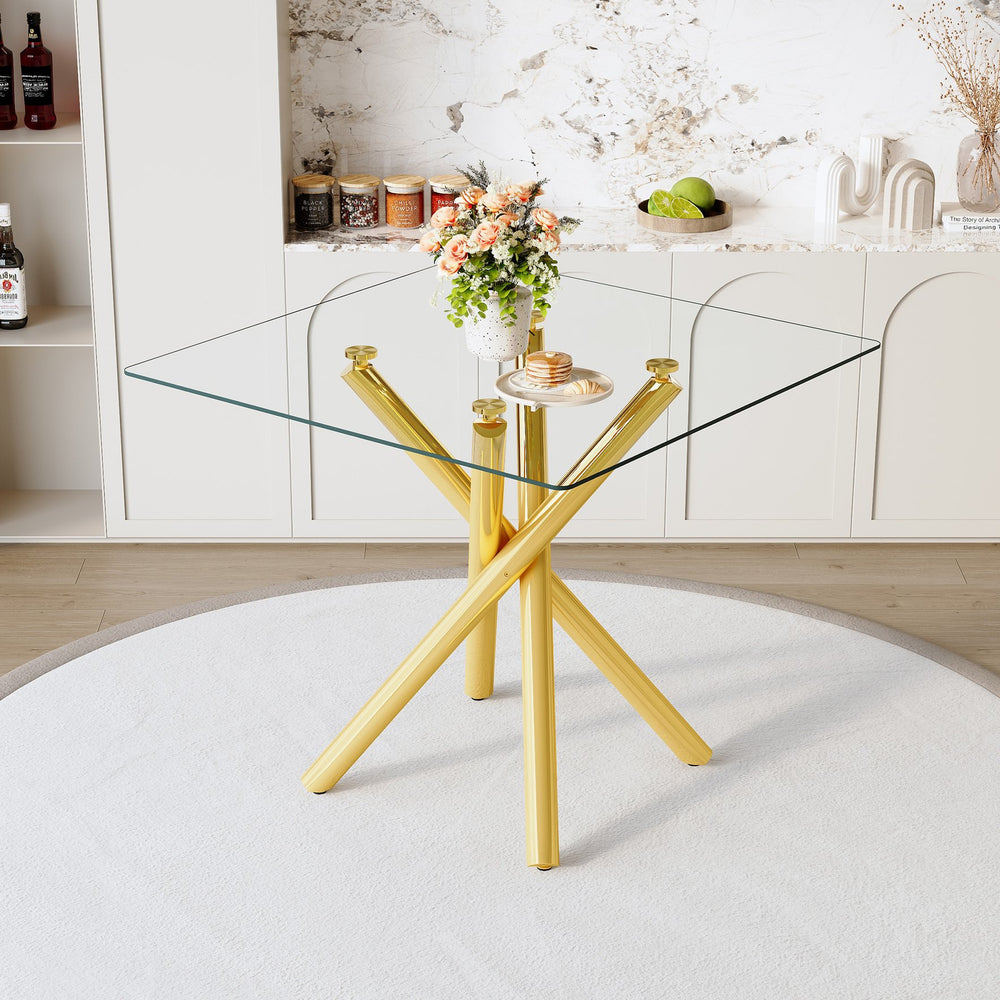 English Elm Modern Tempered Glass Counter Height Pub Table with Electroplated Cross Legs for Home Bar Gold W3875S00008