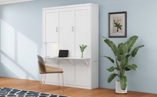 English Elm Full Murphy Bed with Side Cabinet, Desk Combo, USB Charging, Adjustable Shelves, 600lb Capacity, White BS7012008109C