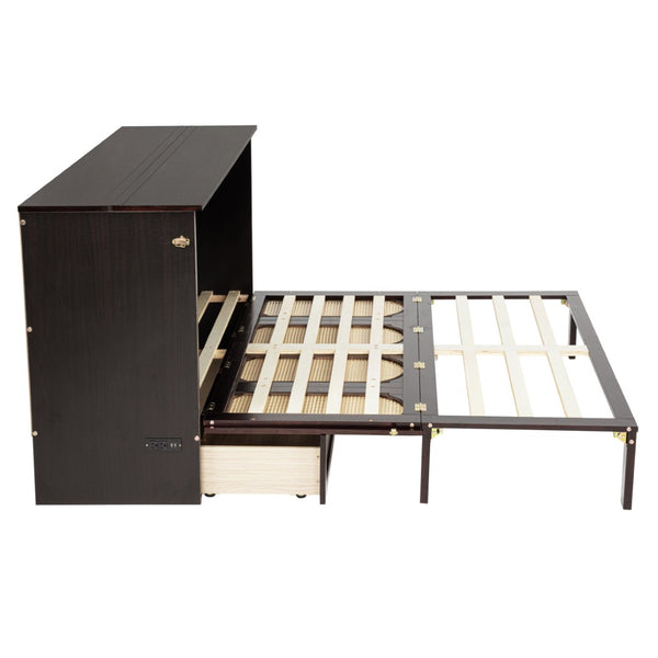 English Elm Queen Size Murphy Bed – Elegant Pine Wood Cabinet With Power Station & Rattan Accents, Espresso Finish W504S00235-GIGA