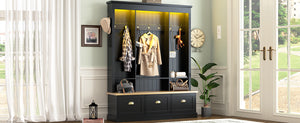 English Elm Farmhouse Hall Tree with Triple Arch Back Panel Eight Hooks Drawers and Entryway Bench Black N721S000062B