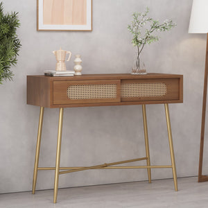 English Elm Christopher Knight Home® - CONSOLE Table Antique Gold Metal & Wood with Rattan Accents, Sliding Doors, Rustic Glam Hallway Piece 71095.00ANTGLD