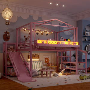 English Elm Twin Metal Loft Bed with Built-in Wardrobe Storage Stairs Led Lights and Usb Ports W5316S00048