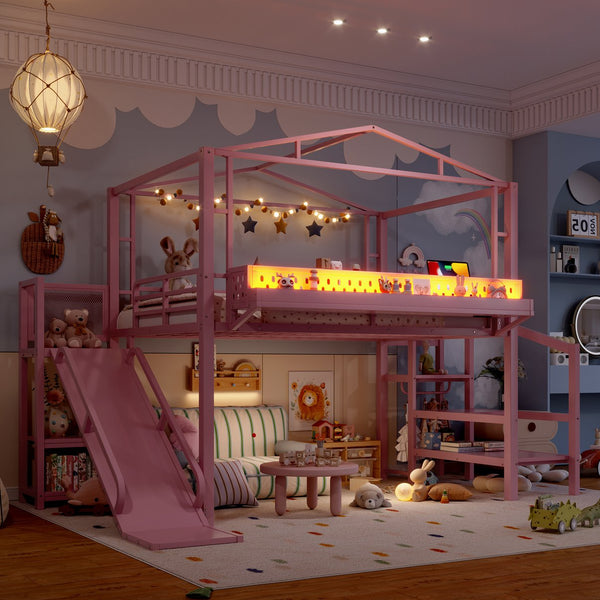 English Elm Twin Metal Loft Bed with Built-in Wardrobe Storage Stairs Led Lights and Usb Ports W5316S00048