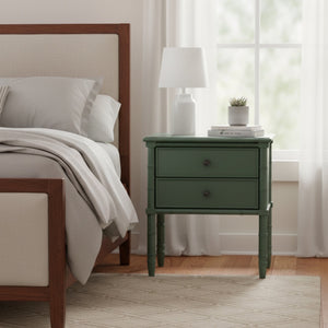 English Elm Emmett carved bamboo nightstand with 2 full‑extension drawers, brass knobs and floor‑protecting glides Antique Green B050P376942