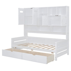 English Elm Twin Size Wooden Daybed With Storage Drawers, Cabinet & Shelf – Stylish Space-Saving Solution! N820S00015K-GIGA