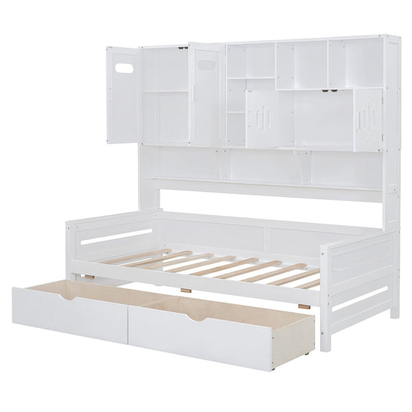 English Elm Twin Size Wooden Daybed With Storage Drawers, Cabinet & Shelf – Stylish Space-Saving Solution! N820S00015K-GIGA