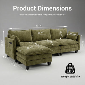 English Elm Modern Chenille Three Seat Sofa with Ottoman Usb Charging Ports and Storage Pockets Green W2519S00005