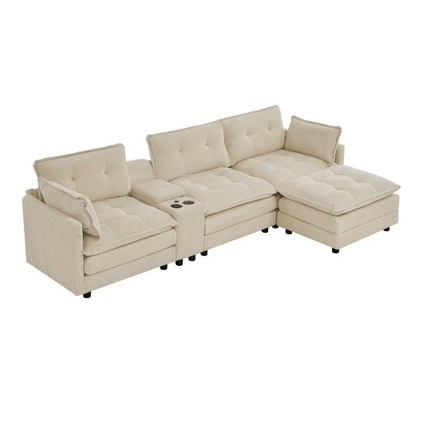English Elm 119" Tufted Corduroy L-shaped Sectional with Ottoman Console Usb Charging 4 Seat Beige W1998S00100