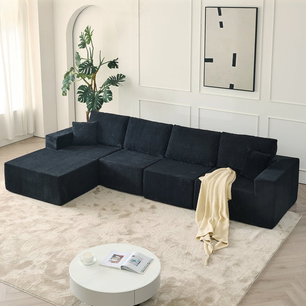 English Elm 139.3" Modular Sectional Sofa - Cloud-Like Boneless Corduroy Couch with Ottoman, 2 Pillows, No Assembly Black W2656S00007