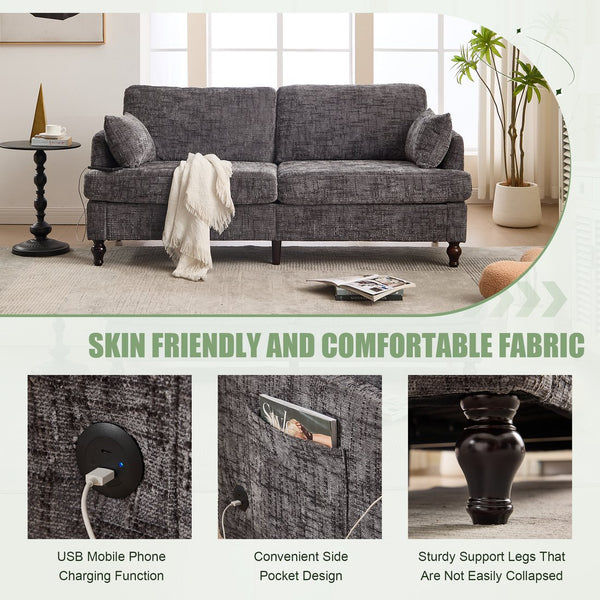 English Elm Modern chenille 2-seater sofa with LED, USB charging, storage pocket, solid wood legs, durable comfort Gray W395P318544