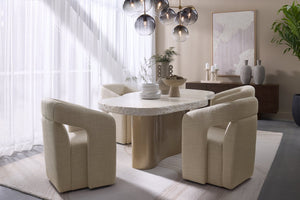 Sunpan IDRIS Dining Table - Modern Concrete Outdoor Centerpiece with Faux Travertine Top & Brass Base 112216