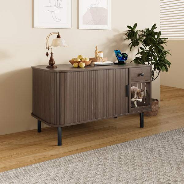 English Elm 37.4" Mdf Cat Litter Enclosure with Tambour Door Walnut Finish and Charging Station N704P380550D