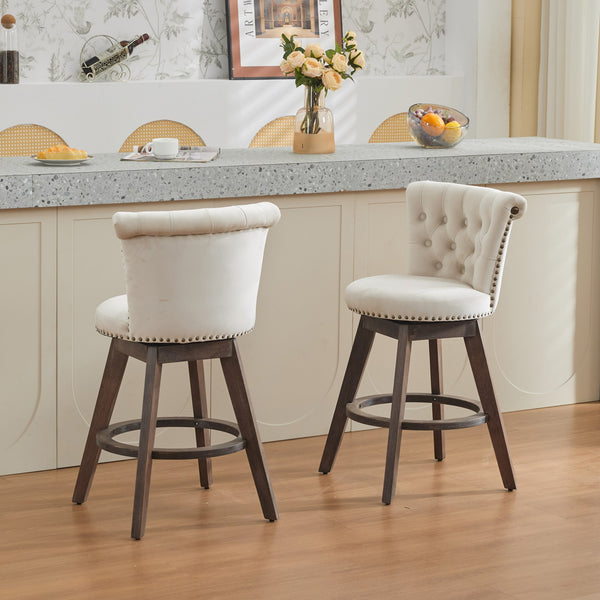English Elm 26" Plush Velvet Swivel Counter Stools Set of 2 with Tufted Back, High-Res Foam & Sturdy Wood Legs Beige W1143P362518