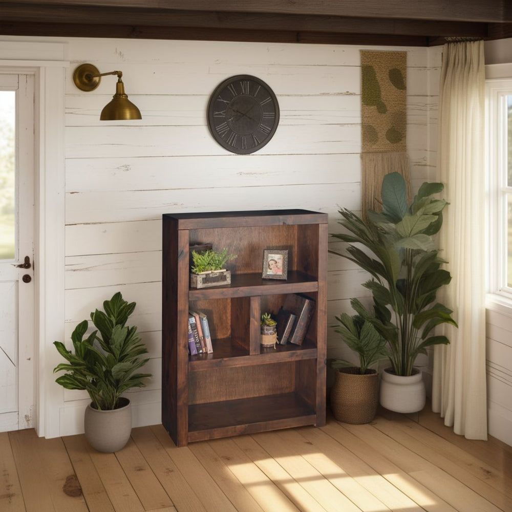 English Elm 49 Inch Bookcase in Whiskey Finish — Knotty Alder Solids, Rustic Distressed Look, 4 Shelves, Arrives Assembled B108P160196