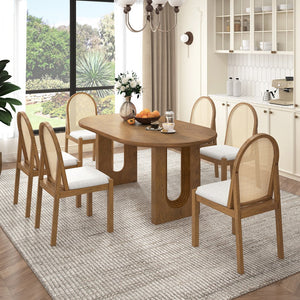 English Elm Trexm Farmhouse Oval Dining Set Seats Six with Rattan Back Chairs Oak Veneer Table Beige,Light Brown ST000157AAP