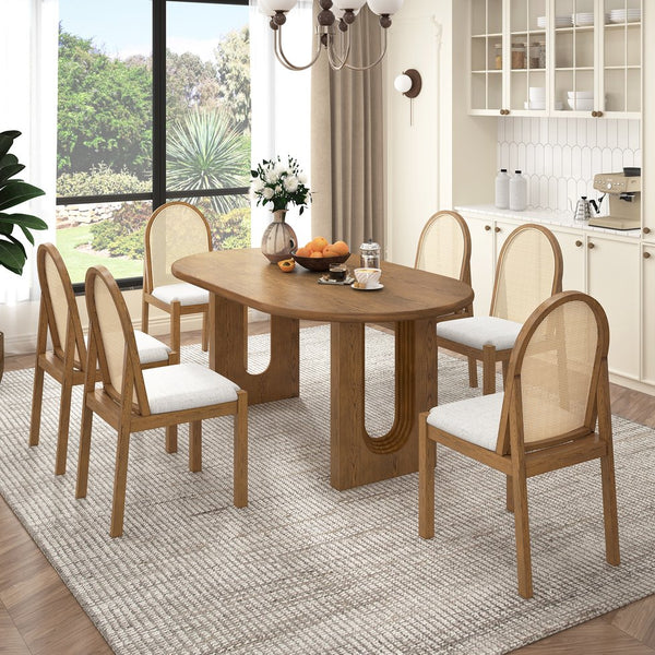 English Elm Trexm Farmhouse Oval Dining Set Seats Six with Rattan Back Chairs Oak Veneer Table Beige,Light Brown ST000157AAP