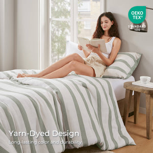 English Elm 2-piece Yarn-dyed Striped Polyester Comforter Set with Seersucker Texture for Year-round Comfort Sage Green B035P463221