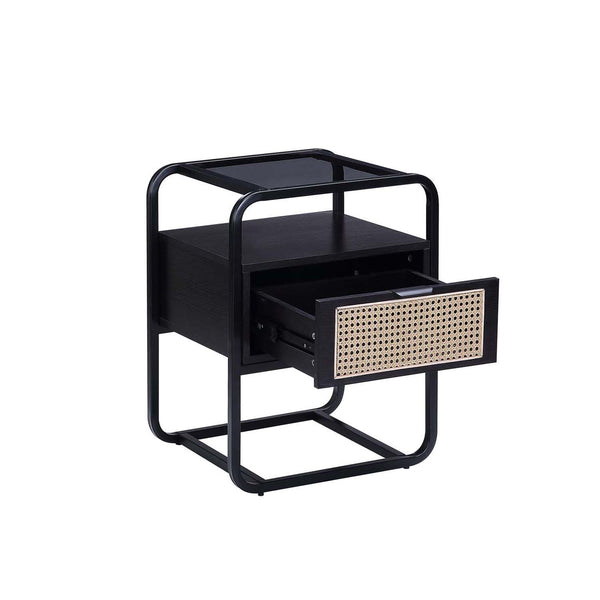English Elm Metal Frame Accent Table with Tempered Glass Top, Black Finish, Sturdy Metal Nightstand w/ Drawer and Open Shelf for Storage — Modern Glossy Design B016P257184