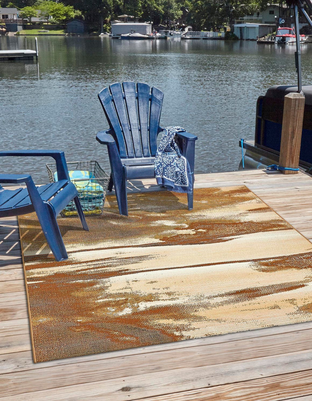 Unique Loom Outdoor Modern Shore Machine Made Abstract Rug Brown, Beige/Gray 5' 4" x 6' 1"