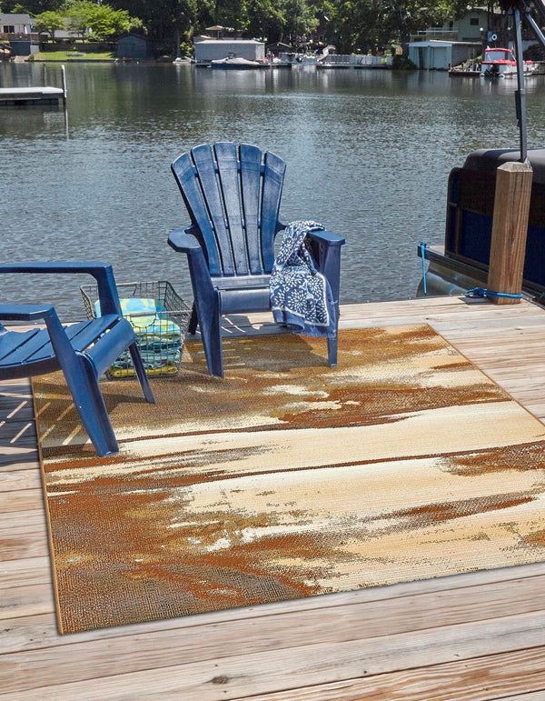 Unique Loom Outdoor Modern Shore Machine Made Abstract Rug Brown, Beige/Gray 5' 4" x 6' 1"